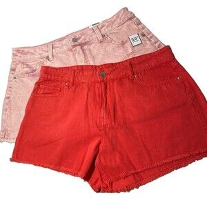 2 BarbieCore PAIR Shorts Distressed 5 pocket Pink Red Cotton/Spandex 11-12 NEW